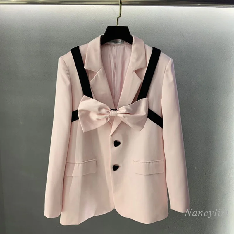 

Pink Blazer for Women 2022 Spring Clothes New Design Bow Tank Patchwork Long Sleeve Coat Ladies Outwears