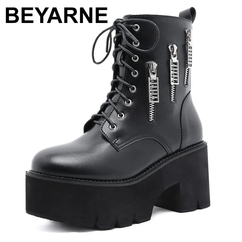 

Fashion Zipper Womens Combat Platform Boots Chunky Heel Lace Up Gothic Boots Halloween Gift for Daugther Concert