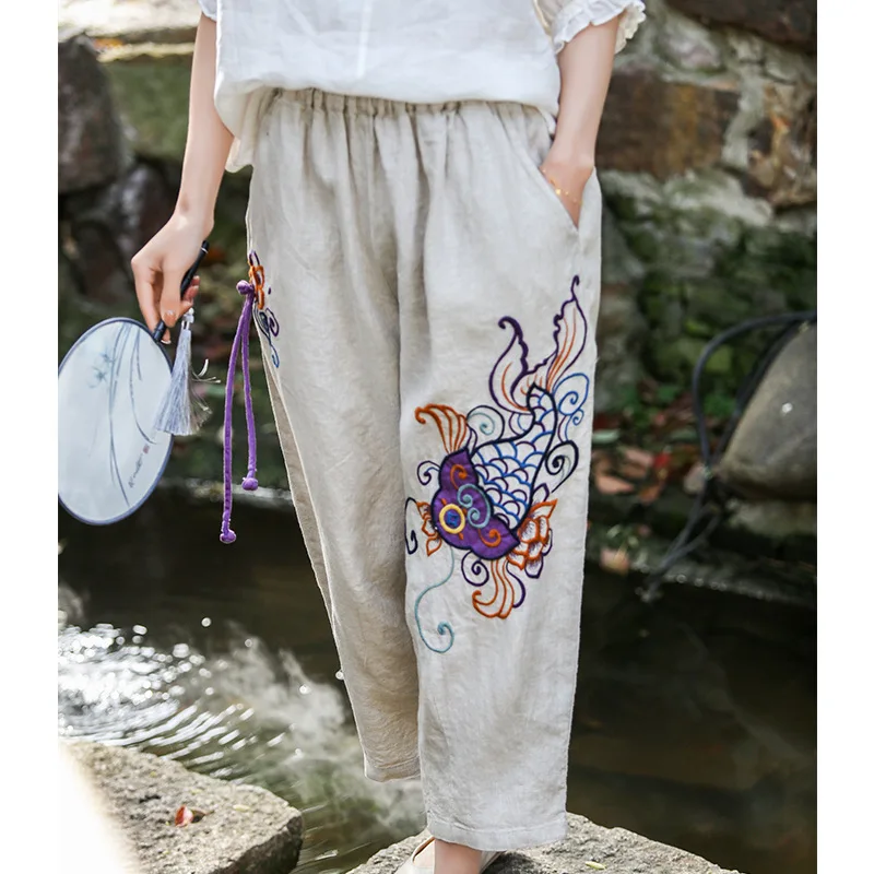 

100% Cotton Linen Women Casual Tribal Embroidery Soft Loose Wide Leg Pants Female Summer Stylish Thin Fabric Calf-length Pants