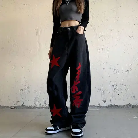 Hip Hop Streetwear Vintage Women Black Jeans Oversize High Street Fashion Pants Casual Stars Printing Wide Leg Straight Trousers