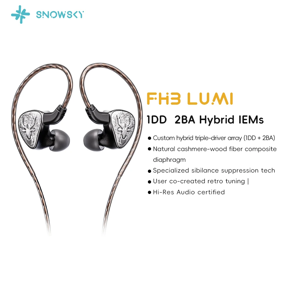 Фото Наушники FIIO FH3 LUMI Hybrid IEM, 1DD+2BA, HiFi, проводные, внутриканальные, с деревянной диафрагмой, съемный кабель №1