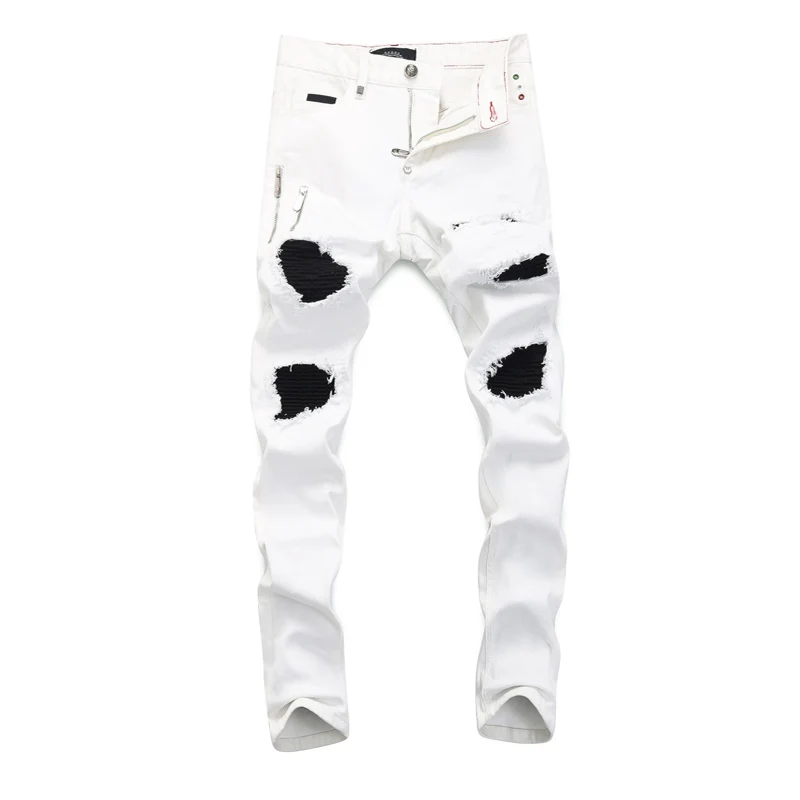 Street Fashion Men Jeans White Elastic Stretch Skinny Ripped Jeans Men Zipper Designer Black Patched Hip Hop Brand Pants Hombre