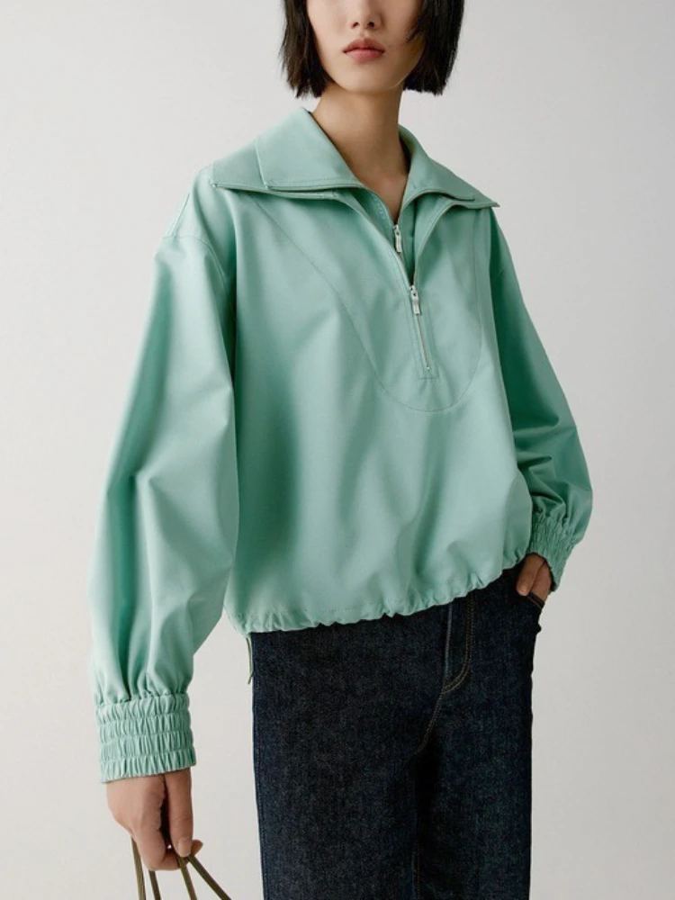 

Autumn New Drawstring Double Zipper Collar Solid Color Women Casual Jacket High Quality Fashion Light Blue Tops