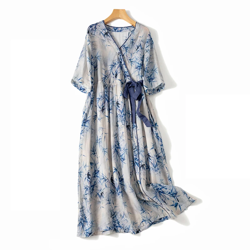 

Sky Blue Print Vintage Linen Thin Lace Up V-Neck Women's Dress Half Sleeve A-Line Mid-Calf Dresses For Women 2023 Spring Summer