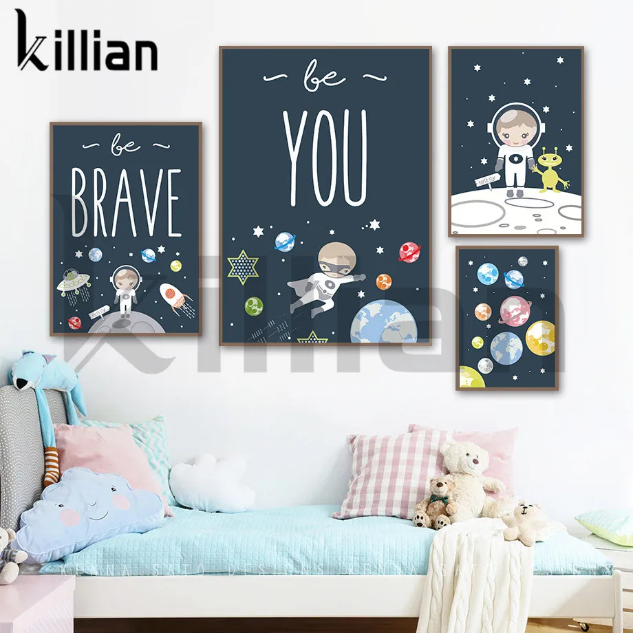 

Be Brave Canvas Painting Astronaut Rocket Planet Creativity Cartoon Wall Art Pictures Cartoon Posters Prints for Kid Room Decor