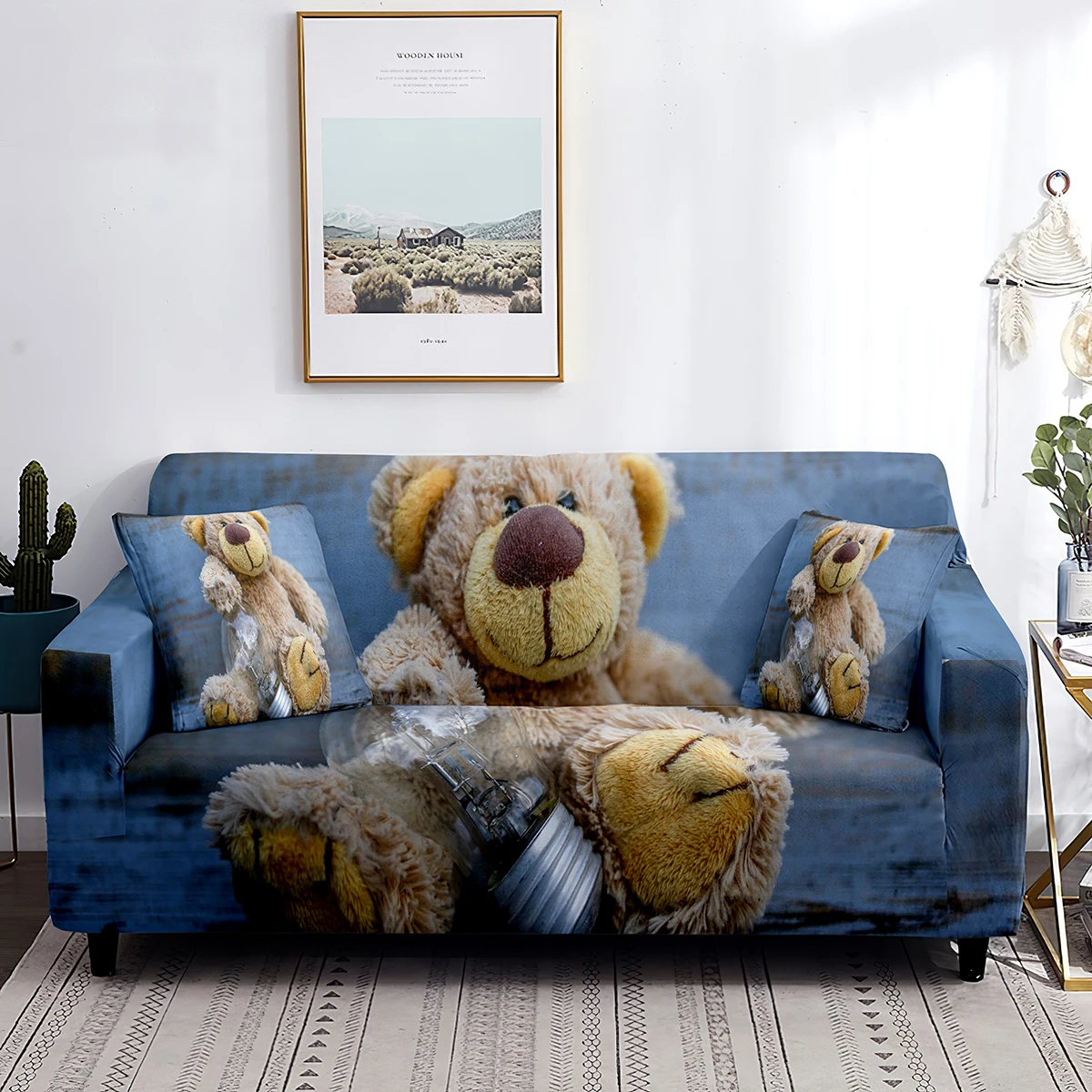 Stuffed Bear Sofa Cover Cute Toy Brown Animal Pattern Non Slip Washable Furniture Protector for Living Room Stretch Couch Cover
