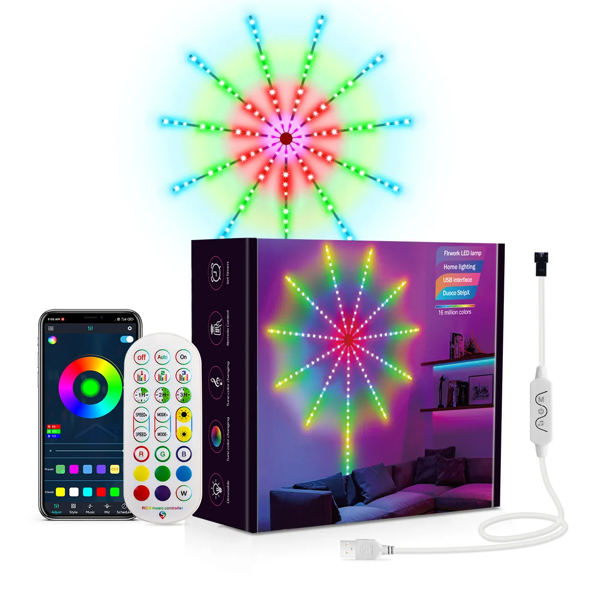 

Светодиодная лента в виде фейерверка, RGB управление звуком, Симфония фейерверка, фотосессия, свадебное рождественское управление музыкой, полный комплект, мечта