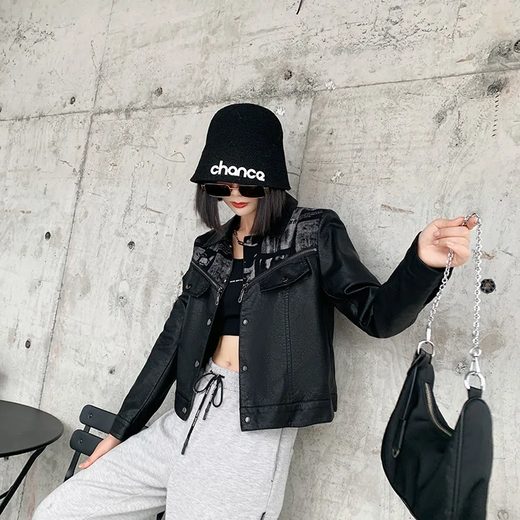 Slim Korean Short Leather Coat Women 2022 Autumn Denim Splicing Lapel Wash Leather Clothing Women Wholesale Cool Girl Gothic