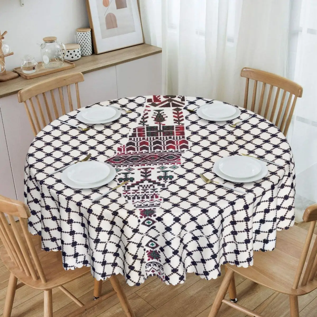 

Round Palestine Keffiyeh Palestinian Traditional Tatreez Embroidery Tablecloth Table Cover 60 inches Hatta Kufiya Table Cloth