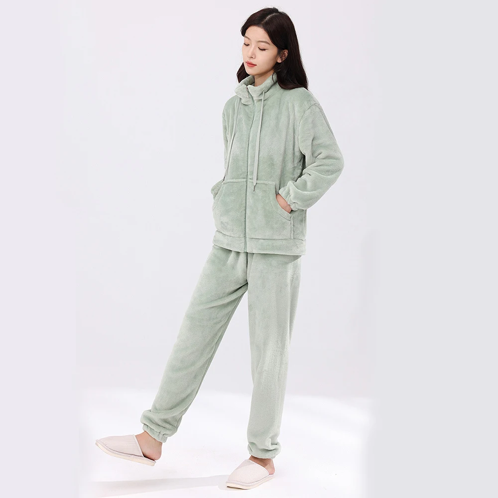 Women's Coral Fleece Pajamas Flannel Lounge Set Soft Pajamas Set Warm Loungewear Outfits Zipper Casual Two-Piece Sleepwear Pjs