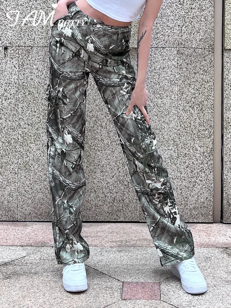 

IAMHOTTY Printed Baggy Cargo Pants Women High Waist Straight Y2K Sweatpants Street Cool Pockets Grunge Trousers Vintage Outfit