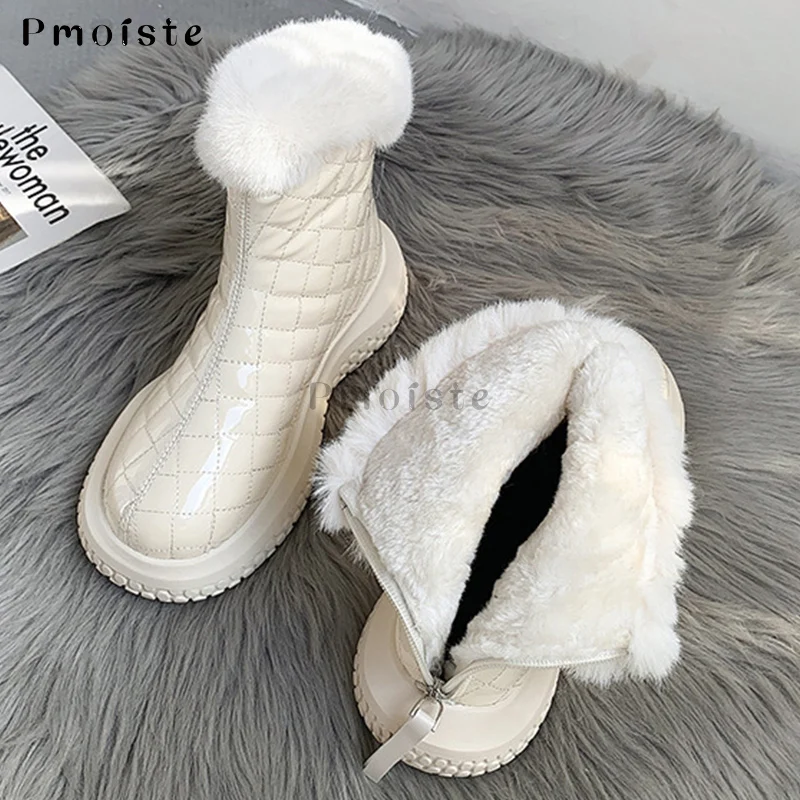 Women Knee High Boots White Gingham Fashion Thick-Sole Mid-Culf Boots for Female Sexy Warm Plush Slip On Women Short Boot Winter