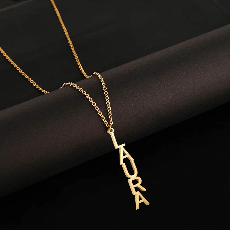 

Custom Vertical Name Pendant Necklace Gold Color Nameplate Necklaces Stainless Steel Personalized Letter Choker Handmade Jewelry