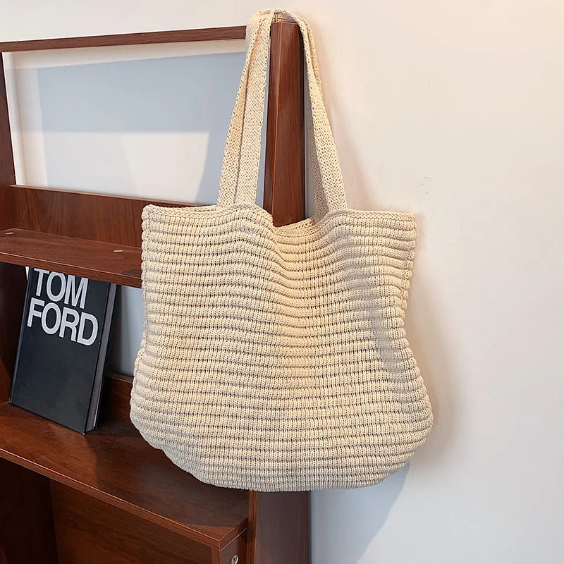 

Casual Knitted Weave Shopper Tote Handbag for Women 2022 Winter Trends Large Capacity Shoulder Bags Brand Designer Shopping Bag