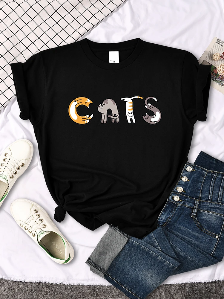 

Новинка 2023, женская футболка с принтом кошек и надписей, Женская Повседневная футболка с круглым вырезом, мягкая футболка в стиле хип-хоп с милыми животными Wo