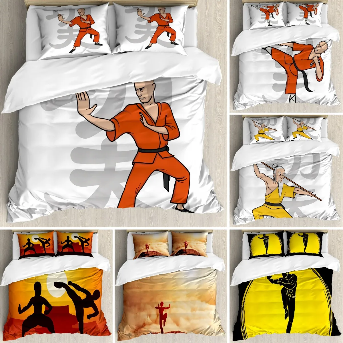 

Kung Fu Duvet Cover Set Queen Size,Eastern Martial Art Sports Themed Cartoon Warrior In Traditional Clothes on Sign Quilt Cover