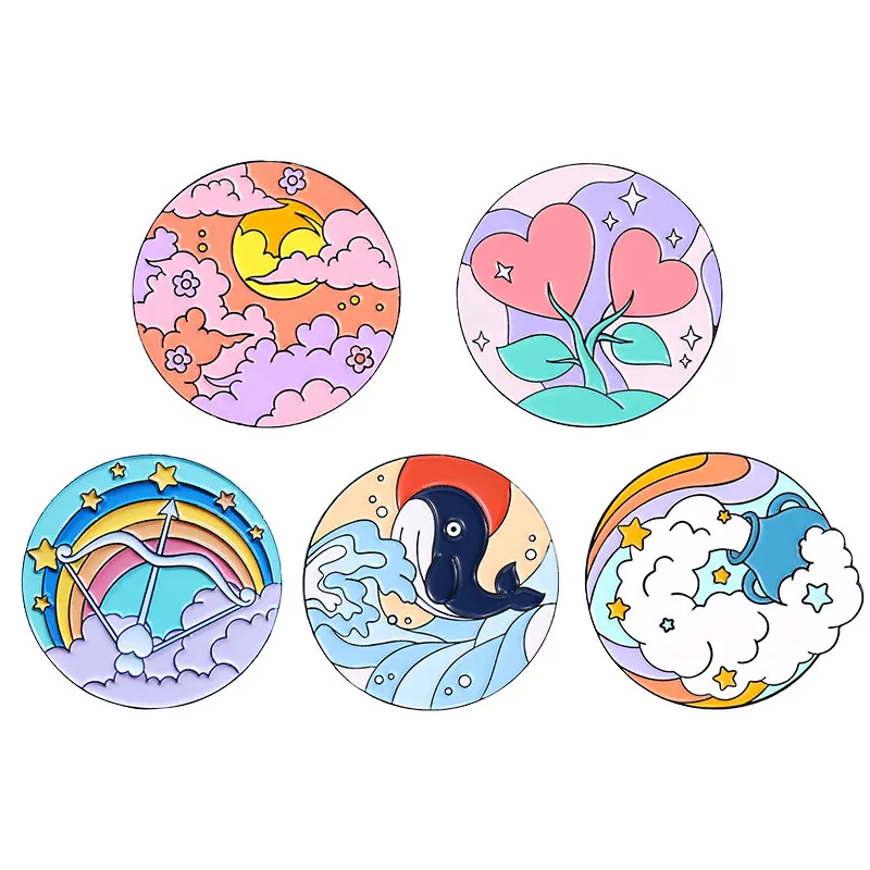 

Nature Oil Painting Brooch Rainbow Round Rainbow Sunset Clouds Whale Flower Enamel Badge Clothing Accessories Alloy Lapel Pins