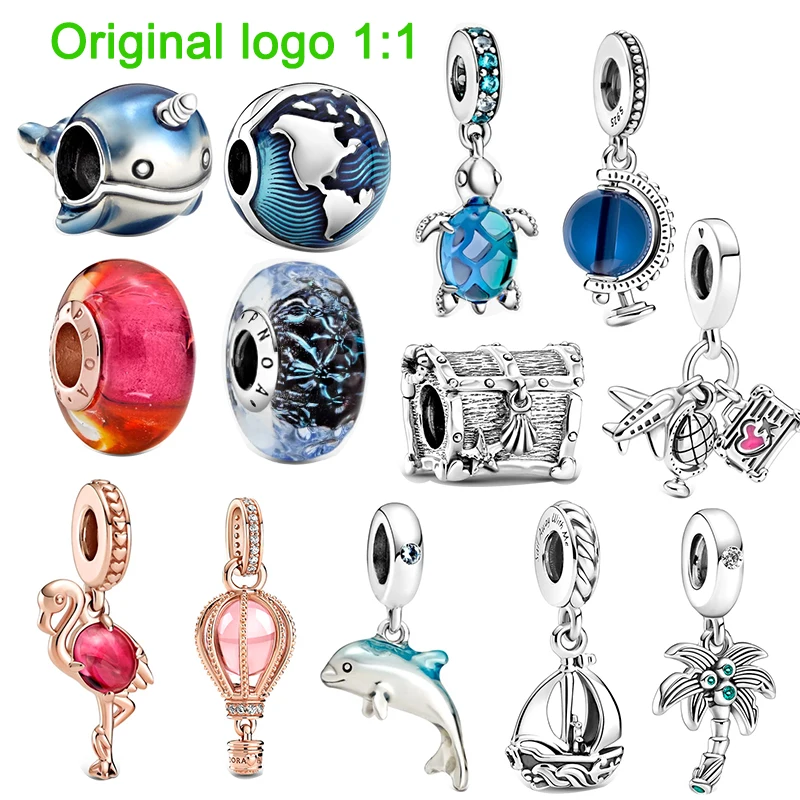 

2022 NEW ocean series 925 silver pink flamingo blue globe pendant suitable for original style DIY bracelet jewelry
