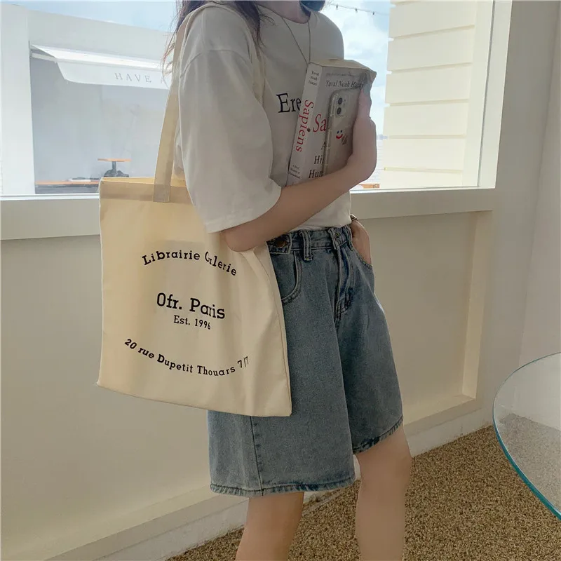 

New Women Canvas Shoulder Bag Paris Letters Print Shopping Bag Eco Cotton Linen Shopper Bags Cloth Fabric Handbag Tote For Girls