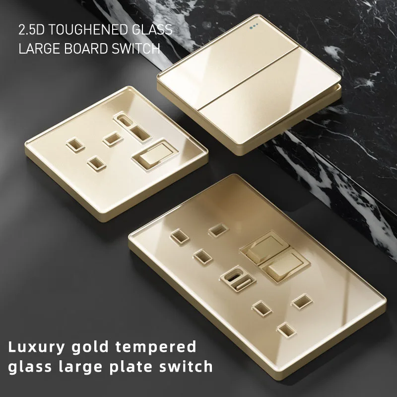 

Tempered glass Wall Lamp Switch Button Gold English Plug 13A Universal Wall Socket with USB, 220V1gang2way 18W Type-C socket