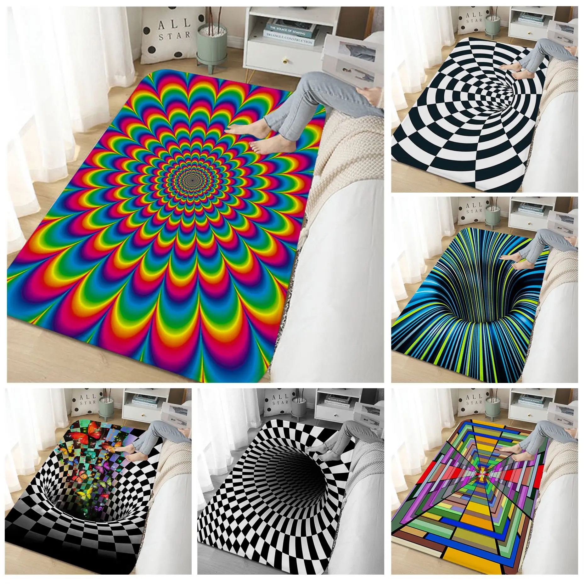 

3D Vortex Illusion Long Rugs Nordic Style Bedroom Living Room Doormat Home Balcony Anti-Slip Modern Home Decor