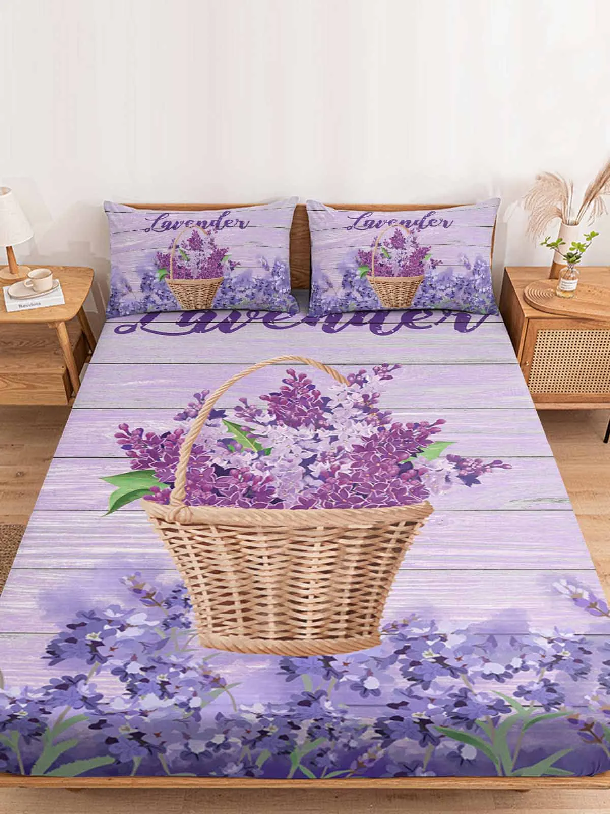 Натяжная простыня в виде корзины с цветами лаванды эластичными лентами