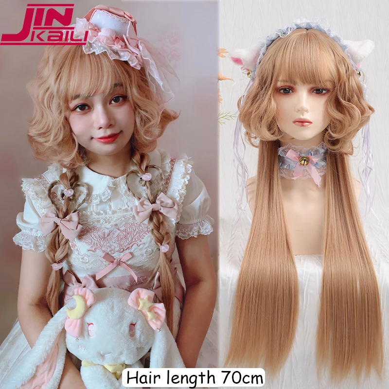 

JINKAILI 70cm Synthetic Long Wavy Curly Cosplay Wig With Bangs White Light Blonde Lolita Wig Women Halloween Cosplay Wigs Female