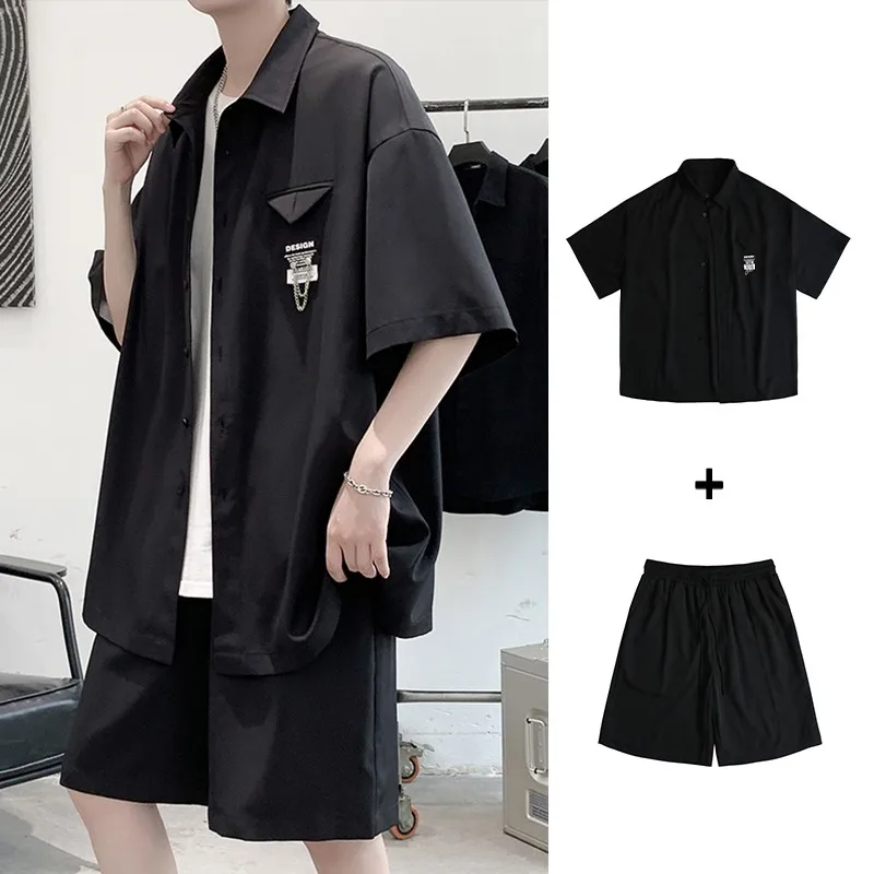 

Korean Style Summer Men's Sets 2pcs Suits Short Sleeve Shirts Chain Drawstring Shorts Fashion Streetwear Oversize Clothing Man