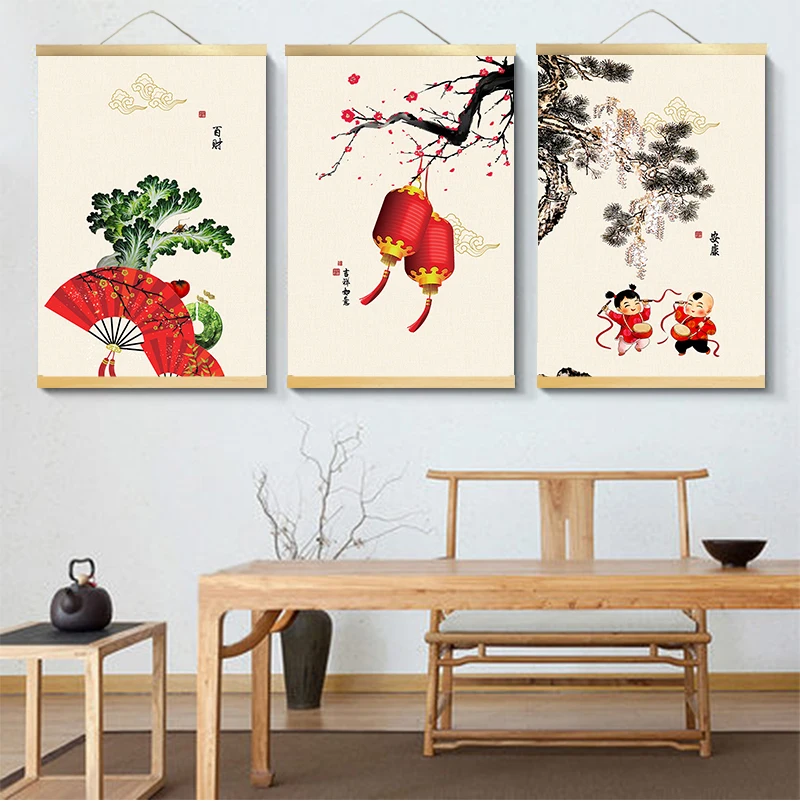 Chinese Style green plants canvas decorative painting Store bedroom living room wall art solid wood scroll home decor |