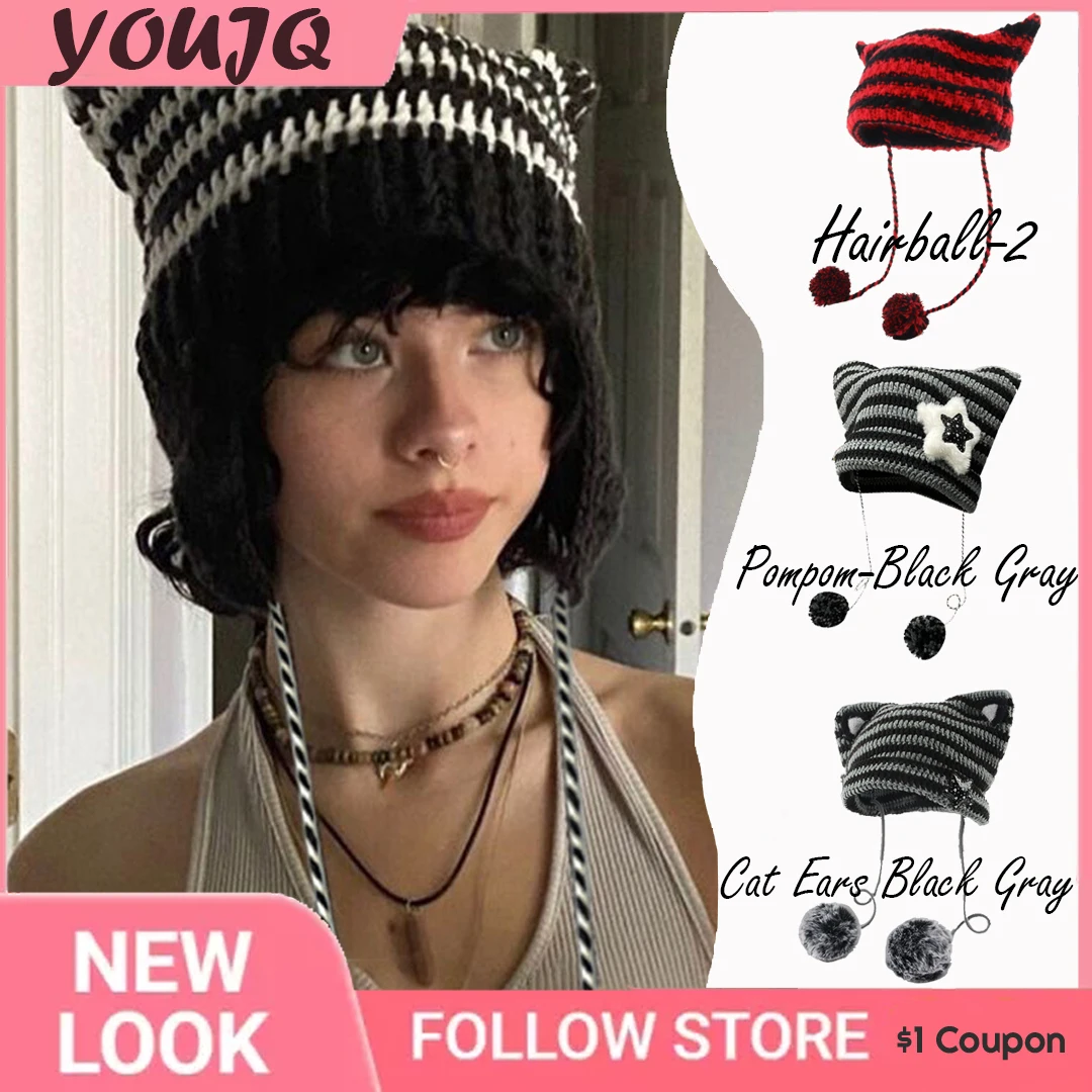 Y2K Cute Gothic Devil Knitted Stripe Autumn Winter Hat Harajuku Warm All-Match Women's Hat Sweet Lovely Caps for Girls Outfits