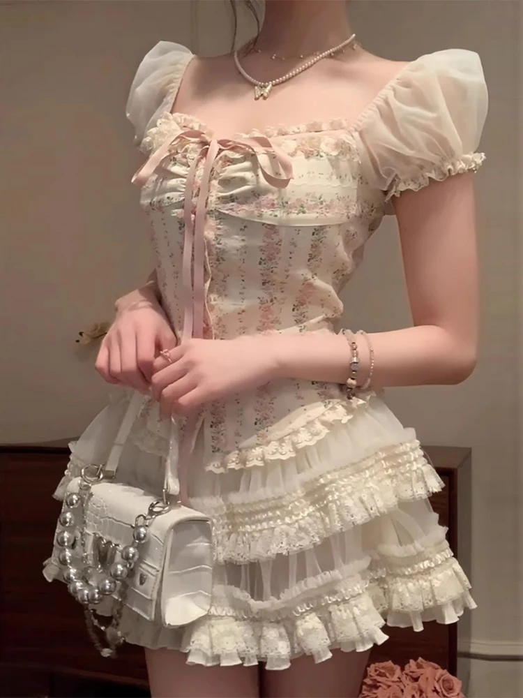 Женский Кружевной укороченный топ с рукавами-фонариками и мини-юбка