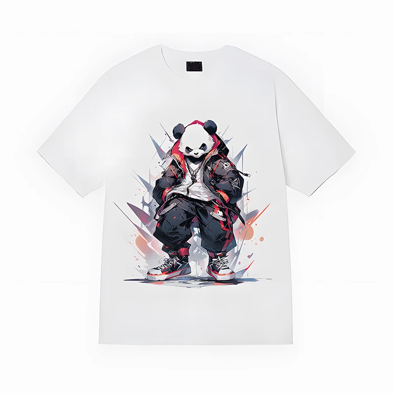 

Hip Hop Men T-Shirts HipHop Fiery Panda Cartoon Printed Pure Cotton Streetwear T-Shirts Couple's Animal Themed Casual Tops Tee