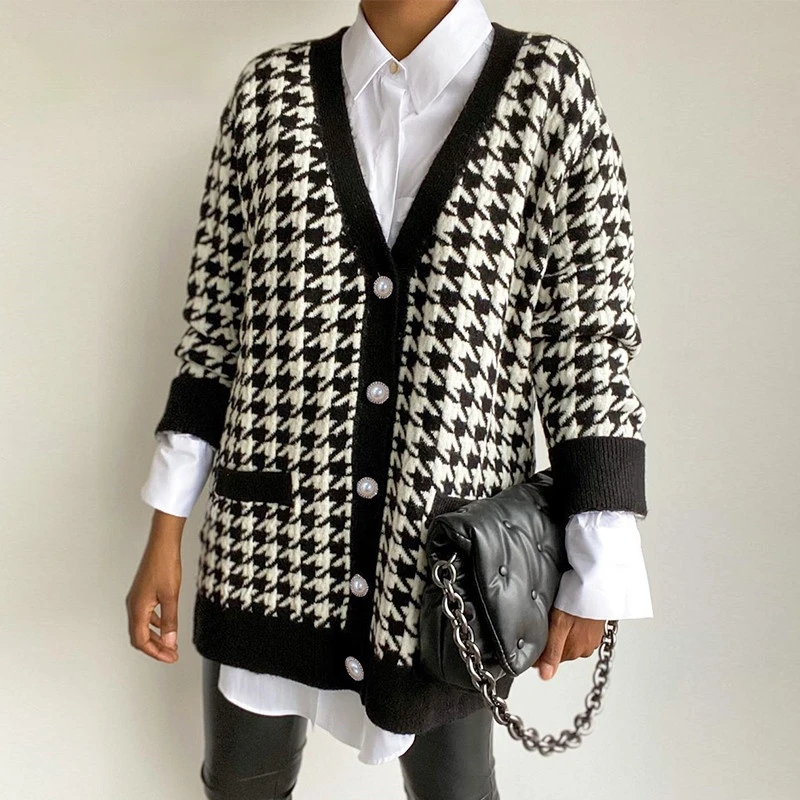 

Oversized Cardigan Women V Neck Houndstooth Cardigan Autumn Winter Knitted Sweater Cardigans Loose Jumper Rebecas De Mujer