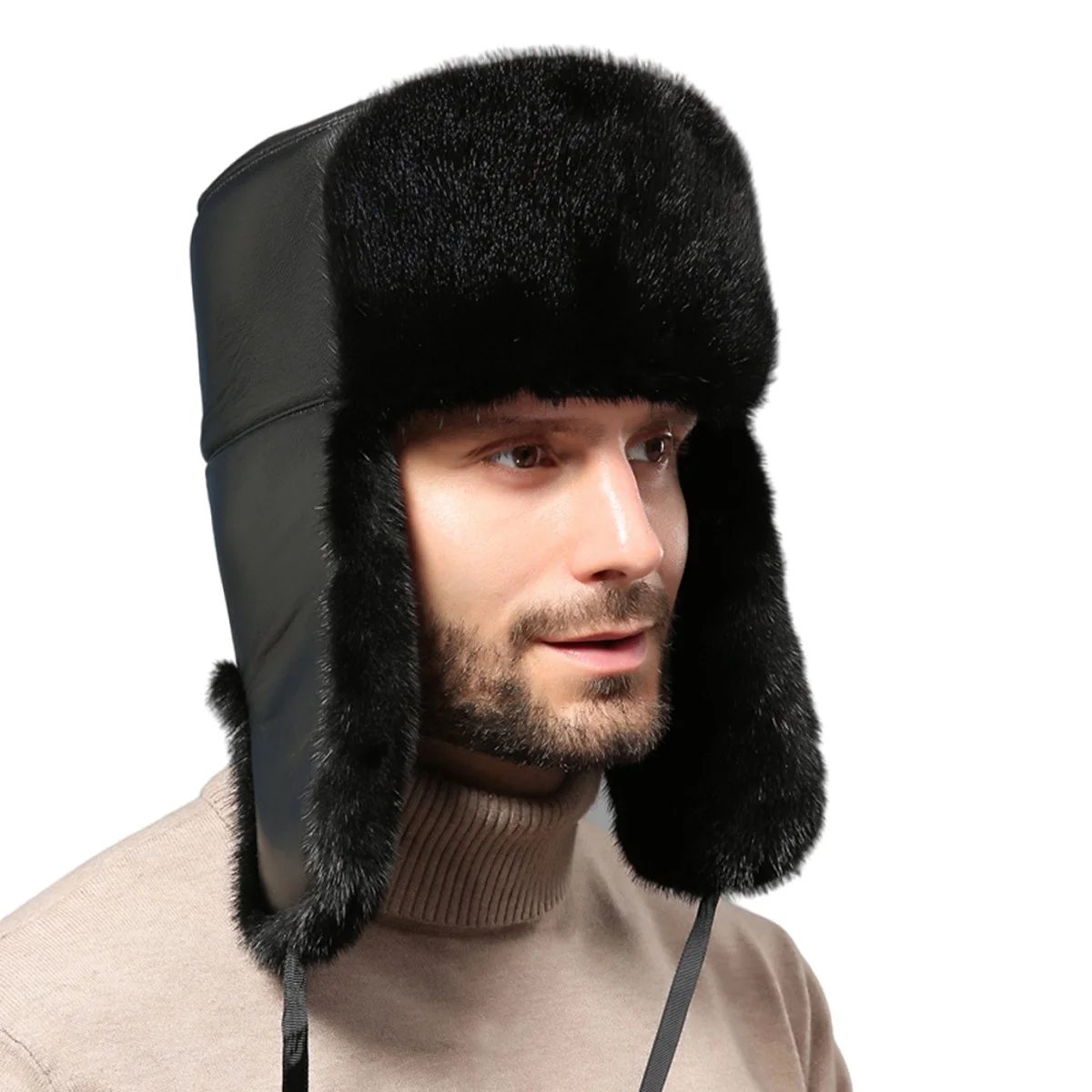 

Men's Genuine Mink Fur Hat Real Sheepskin Hunting Cap Winter Warm Headwear Trapper Hat Ushanka Black Brown