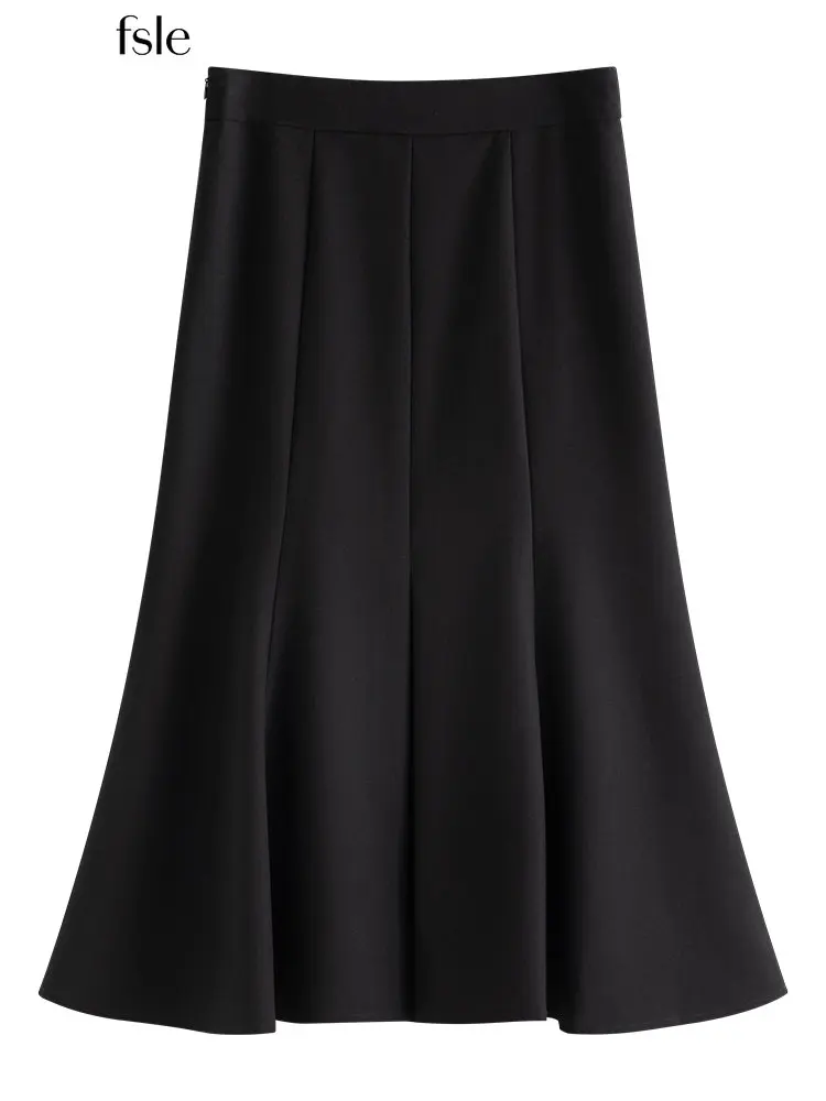 

FSLE Women's Fishtail Skirts Women Winter New Temperament Ladies High Waist Black Slim Thin Office Lady Solid Mid-Calf Skirt