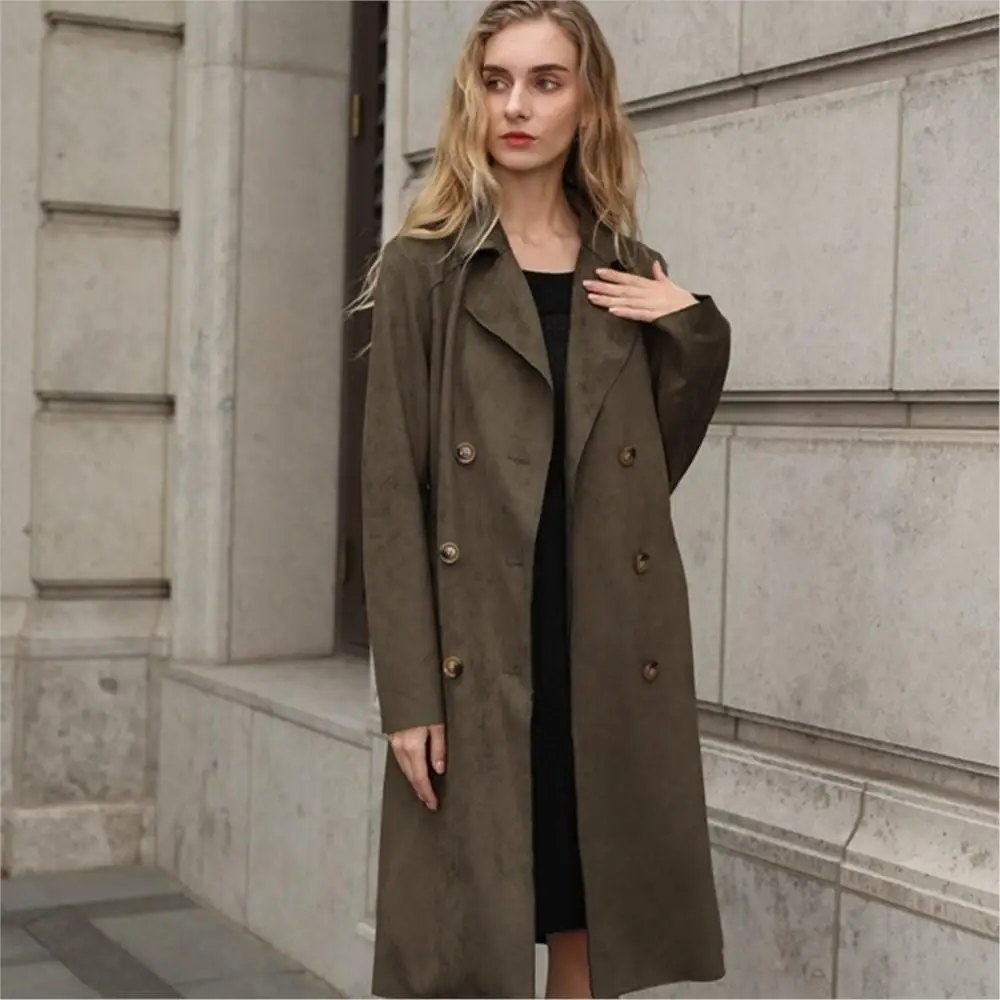 Women Fashion Real Suede Long Coat double-breasted With Belted Pure Color Windbreaker Leisure Lapel Luxury Real Jacket