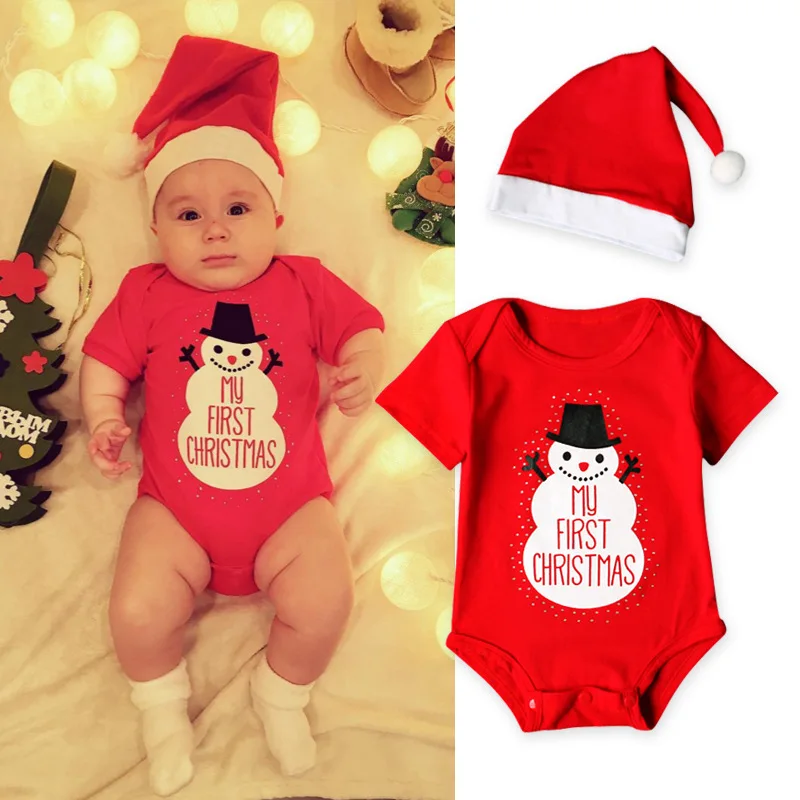 

2023 First Christmas Baby Romper Boys Girls Cotton Bodysuit Infant Newborn Jumpsuits Hat Festival Party Xmas Gifts Baby Clothing