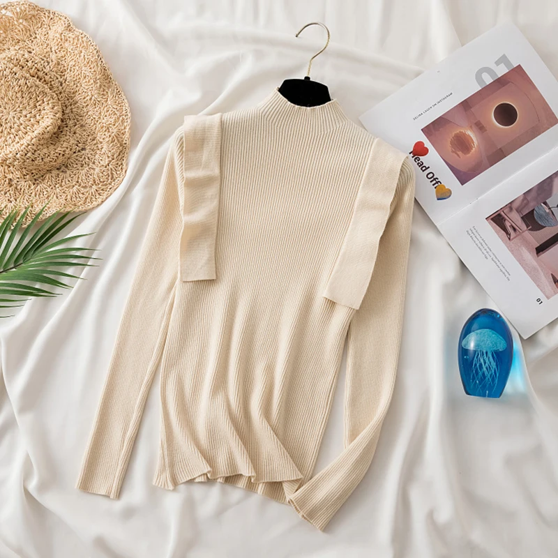 

Женский трикотажный свитер-водолазка с оборками, базовый вязаный пуловер с длинным рукавом, Осень-зима 2022