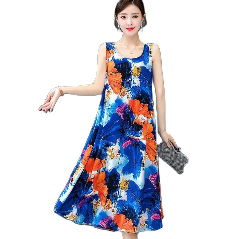 

Summer New Women's Slim Long Sleeveless Printed Vest Cotton Dress Elegant Casual Loose Over The Knee Long Skirt Women
