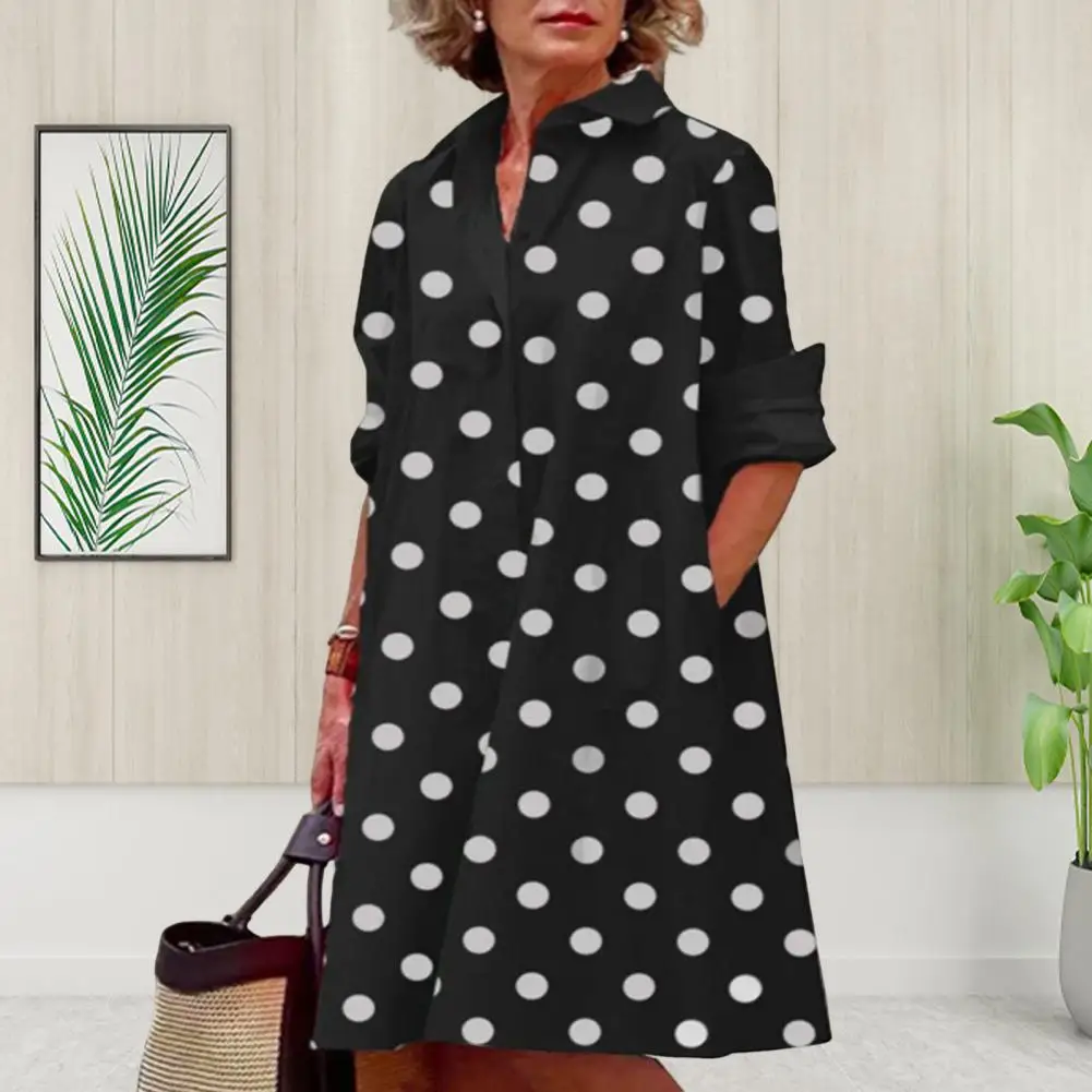 

Женское винтажное платье-рубашка в горошек, свободное Элегантное Длинное Платье-рубашка с V-образным вырезом и длинным рукавом, одежда в арт-стиле