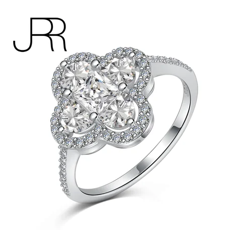 Новое поступление, однотонные бриллиантовые серебряные обручальные кольца JRR с 4 листьями клевера, с бриллиантом, обручальные кольца со сверкающим муассанитом