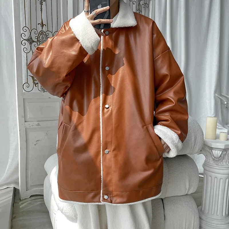 Winter Jacket Men Warm Fashion Brown Black Thickened Leather Jacket Men Korean Loose Thick Leather Short Coat Mens Parker M-2XL