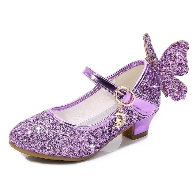 Princess Butterfly Leather Shoes Kids Diamond Bowknot High Heel Children Girl Dance Glitter Shoes Fashion Girls Party Dance Shoe 2
