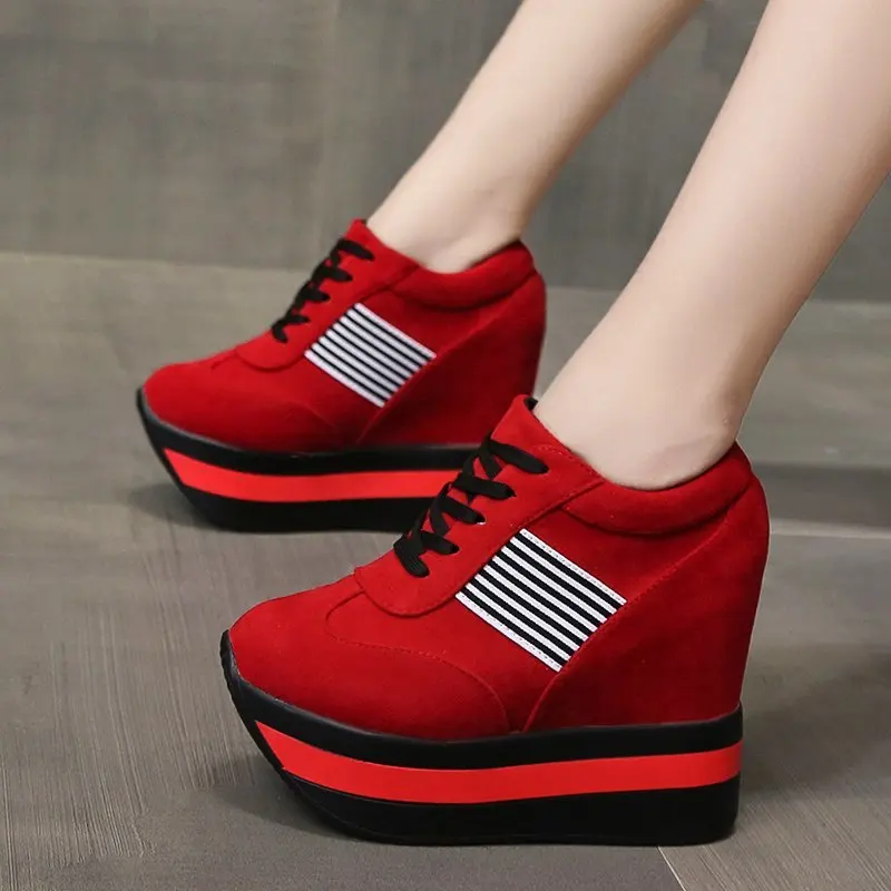 

Women's Platform Sports Shoes 2022 Spring Canvas Sneakers Thick Bottom Wedges Casual Shoes Fashion Red Lace-Up Rubber Soft Sole