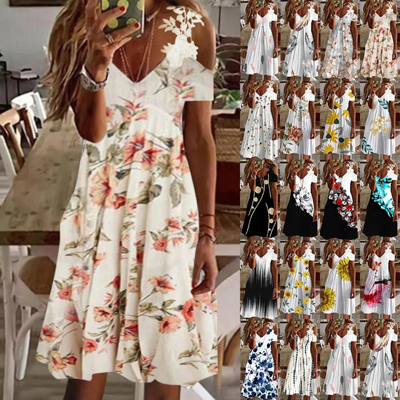 

Summer 2022 new women's Imitation cotton print off shoulder short sleeve lace dress V-neck off shoulder women's suspender skirt