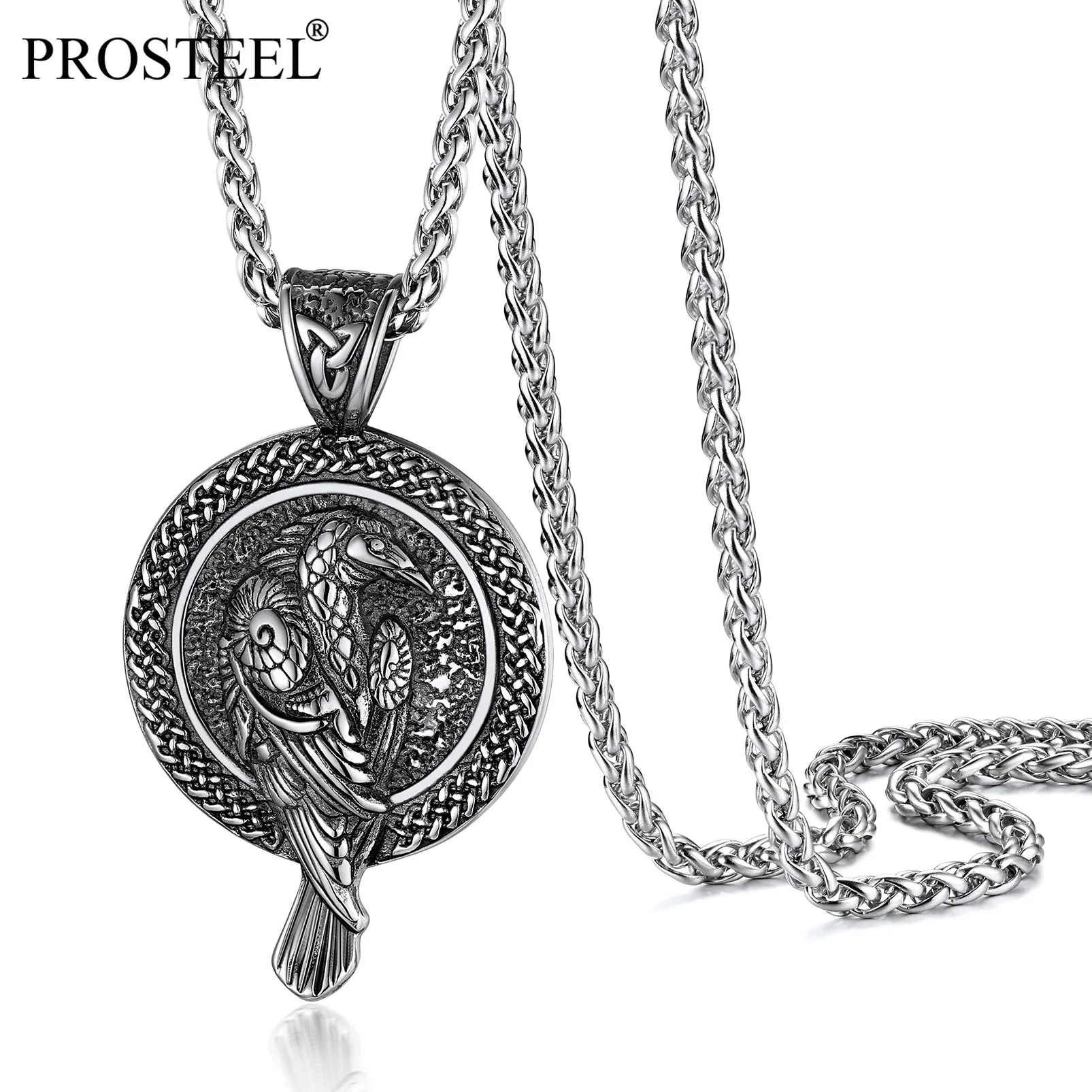 

PROSTEEL Black/Gold Plated/Stainless Steel Raven Animal Circle Pendant Vintage Viking Necklaces for Men Boy Gift PSP40082