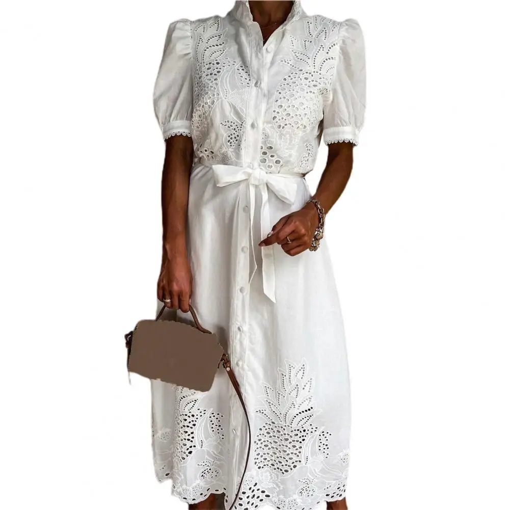 

Women Elegant Hollow Out Lace Dress Office Lady Summer Solid O-Neck Button up Sashes Midi Dress Female Chic Short Sleeve Dress