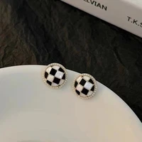 new french pearl plaid fashion earrings korean feminine design s925 silver needle earrings trendy 2022 jewelry black cute