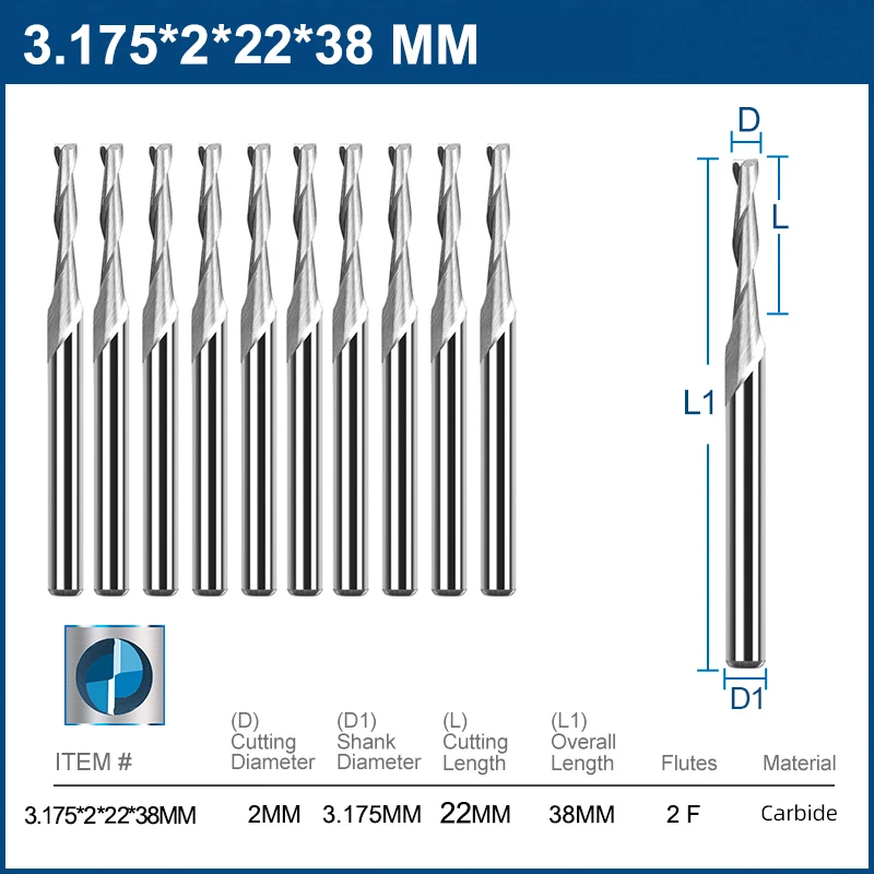 

XCAN фрезы 10 шт., 3,175 мм, 2 флейты, плоские, твердосплавные
