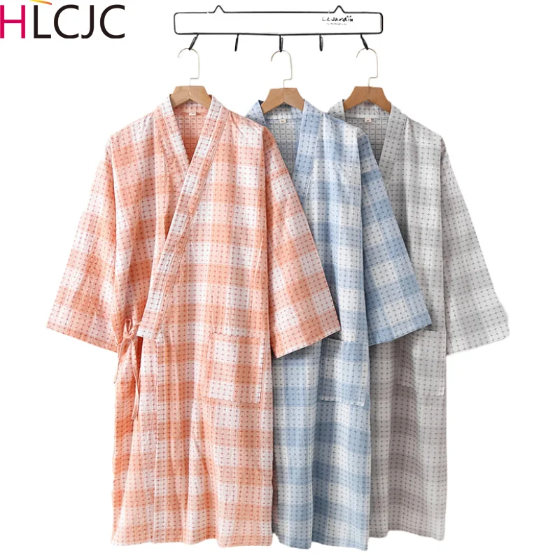 

Халат женский в японском стиле, жаккардовый хлопковый банный халат, длинное клетчатое кимоно, домашняя ночная рубашка, одежда для сна